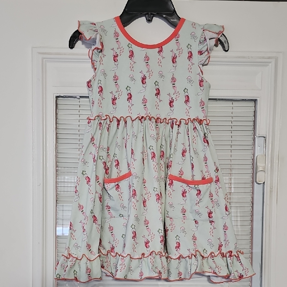 Girls Mint Green Dress with Pink Trim and Mermaid Print